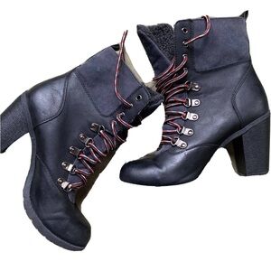 Report Iryna Boots Black 6 Leather Faux Fur Heel Lace Up Winter Shoes